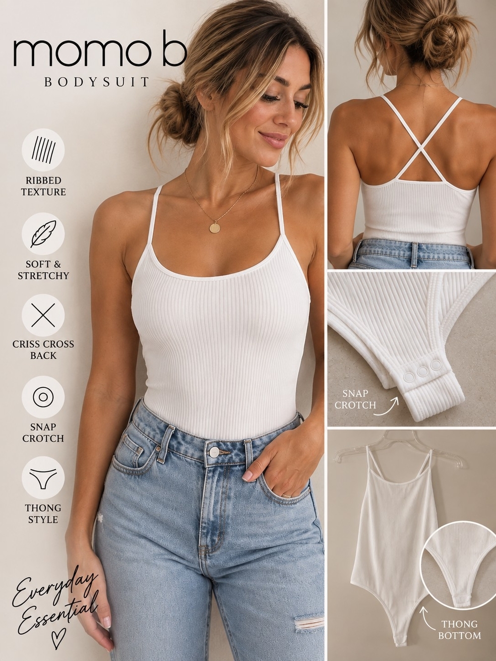 Mono B White Ribbed Thong Bodysuit Criss Cross Back Large NWOT